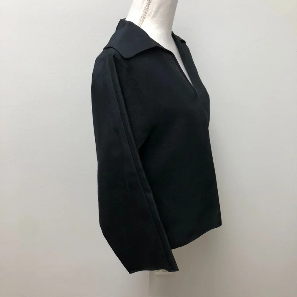 Tory Burch Silk Gazar Tunic Top Womens 2 Black Minimalist 3/4 Sleeve Teacher New